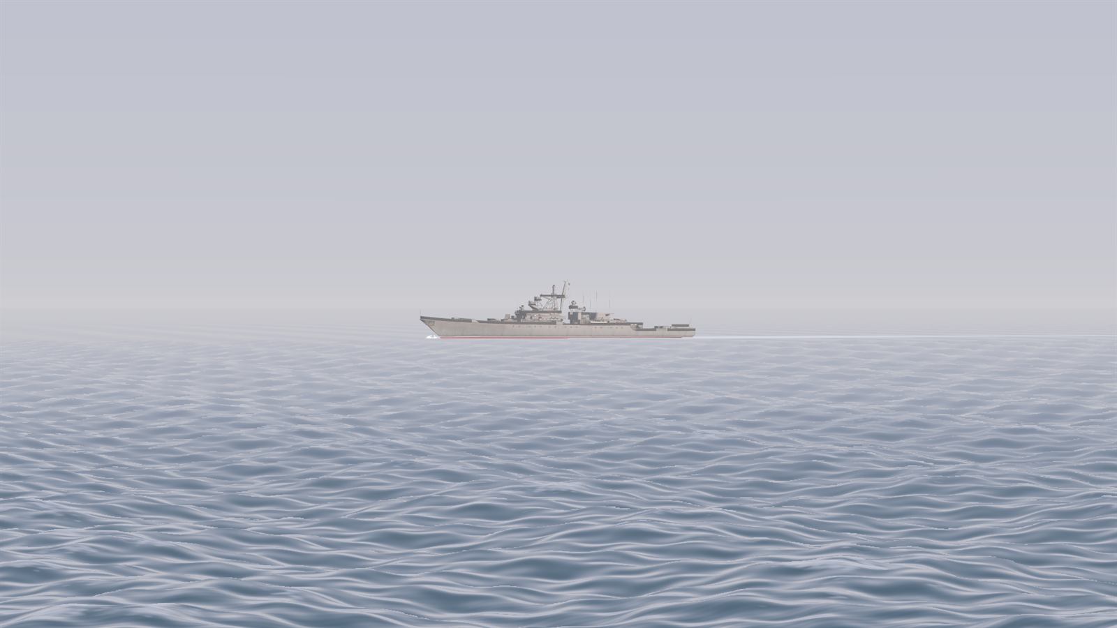 A grey frigate on the horizon, seen low across a rolling sea from about the height of a periscope.
