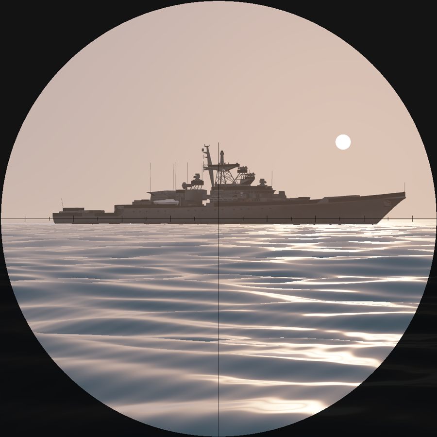 A frigate in profile against a pale sunset sky, seen through a periscope's crosshairs